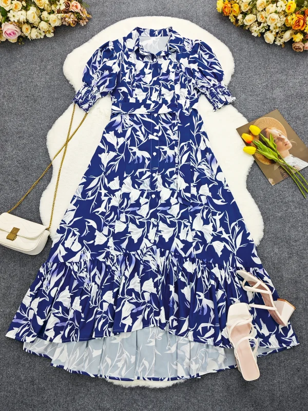 Vestido longo com estampa floral feminino, gola virada para baixo, meia manga, solto, balanço grande, vintage, praia, maxi, fêmea, casual, verão - Image 2