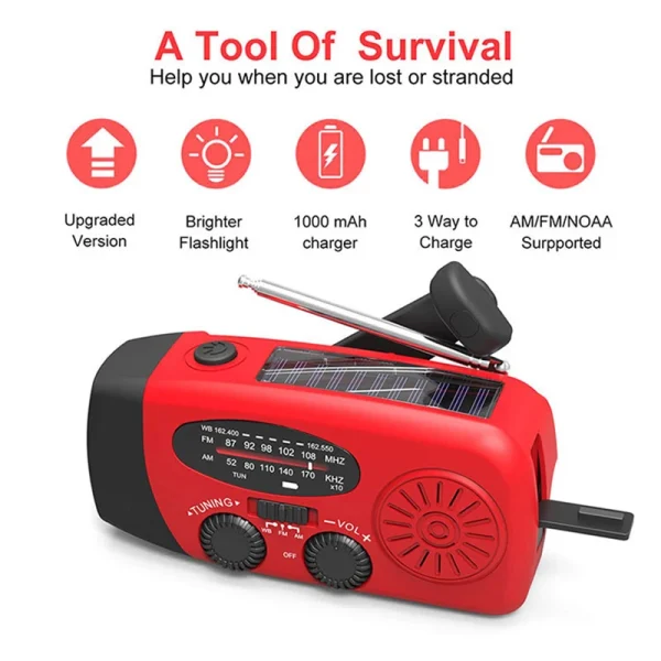 Multifuncional portátil Weather Radio, rádio de emergência mão manivela, Power Bank, carregamento solar com lanterna LED, AM, FM, NOAA - Image 2