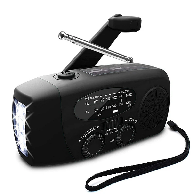 Multifuncional portátil Weather Radio, rádio de emergência mão manivela, Power Bank, carregamento solar com lanterna LED, AM, FM, NOAA
