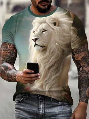 Camiseta de rua padrão leão manga curta masculina, estampa animal 3D, hip-hop, camiseta masculina, tops casuais com o pescoço, plus size, 6XL, na moda