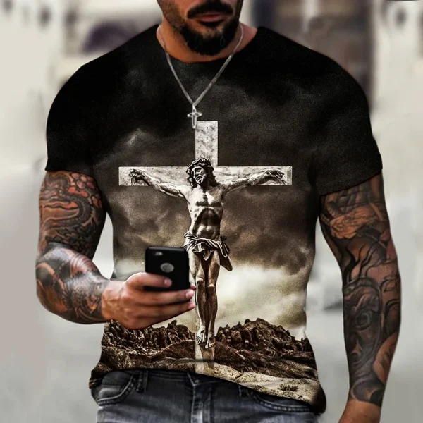 Camiseta de manga curta grande masculina, Deus, Religião, Cristo, Estampa Cruz de Jesus, gola redonda, moda casual, roupa de verão