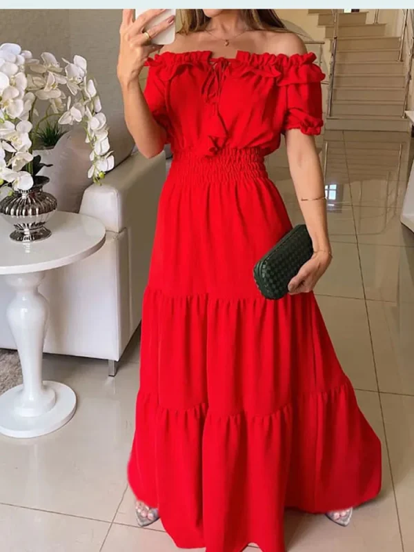 2024Vestido longo vermelho de manga curta de verão com bordas com babados, cintura elástica e gola inclinada, um terno liso justo e sexy, 2024 - Image 6