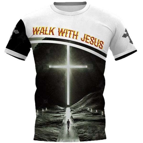 Camiseta 3D de Cristo Jesus estampada masculina, roupa Harajuku Street, oração grande, blusa de manga curta, vintage, secagem rápida, unissex, verão - Image 4