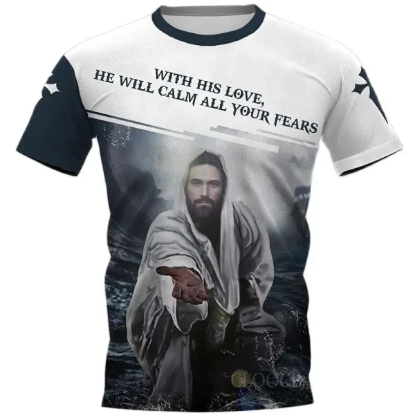 Camiseta 3D de Cristo Jesus estampada masculina, roupa Harajuku Street, oração grande, blusa de manga curta, vintage, secagem rápida, unissex, verão - Image 3