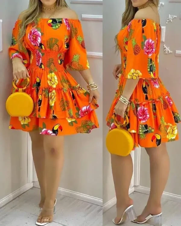 Vestido Estampado Tropical Fora do Ombro: A Essência do Verão 2025