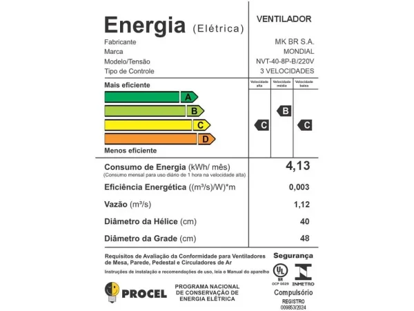 Ventilador de Mesa Mondial Turbo NVT-40-8P-B 40cm 8 Pás 3 Velocidades Preto e Prata - 220V - Image 6