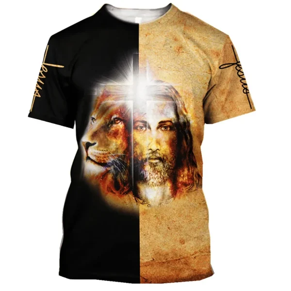 Camiseta masculina Jesus Cristo impressa em 3D, gola O, roupas masculinas extragrandes, Harajuku Vintage manga curta tops, verão - Image 3