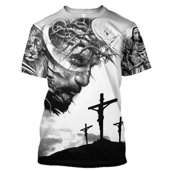 Camiseta masculina Jesus Cristo impressa em 3D, gola O, roupas masculinas extragrandes, Harajuku Vintage manga curta tops, verão - Image 4